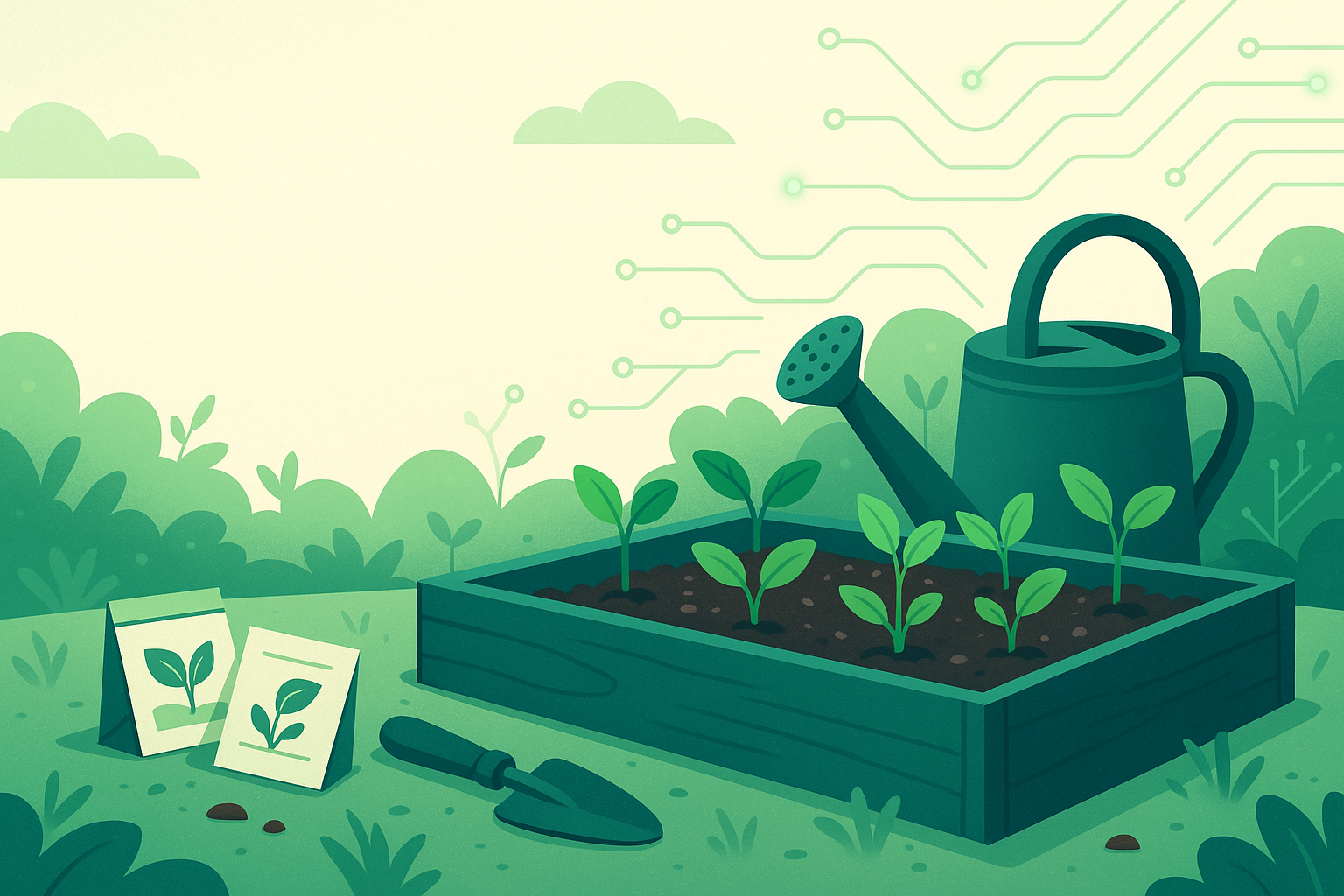 Spring raised-bed garden illustration with seedlings and tools, with subtle AI circuit accents.