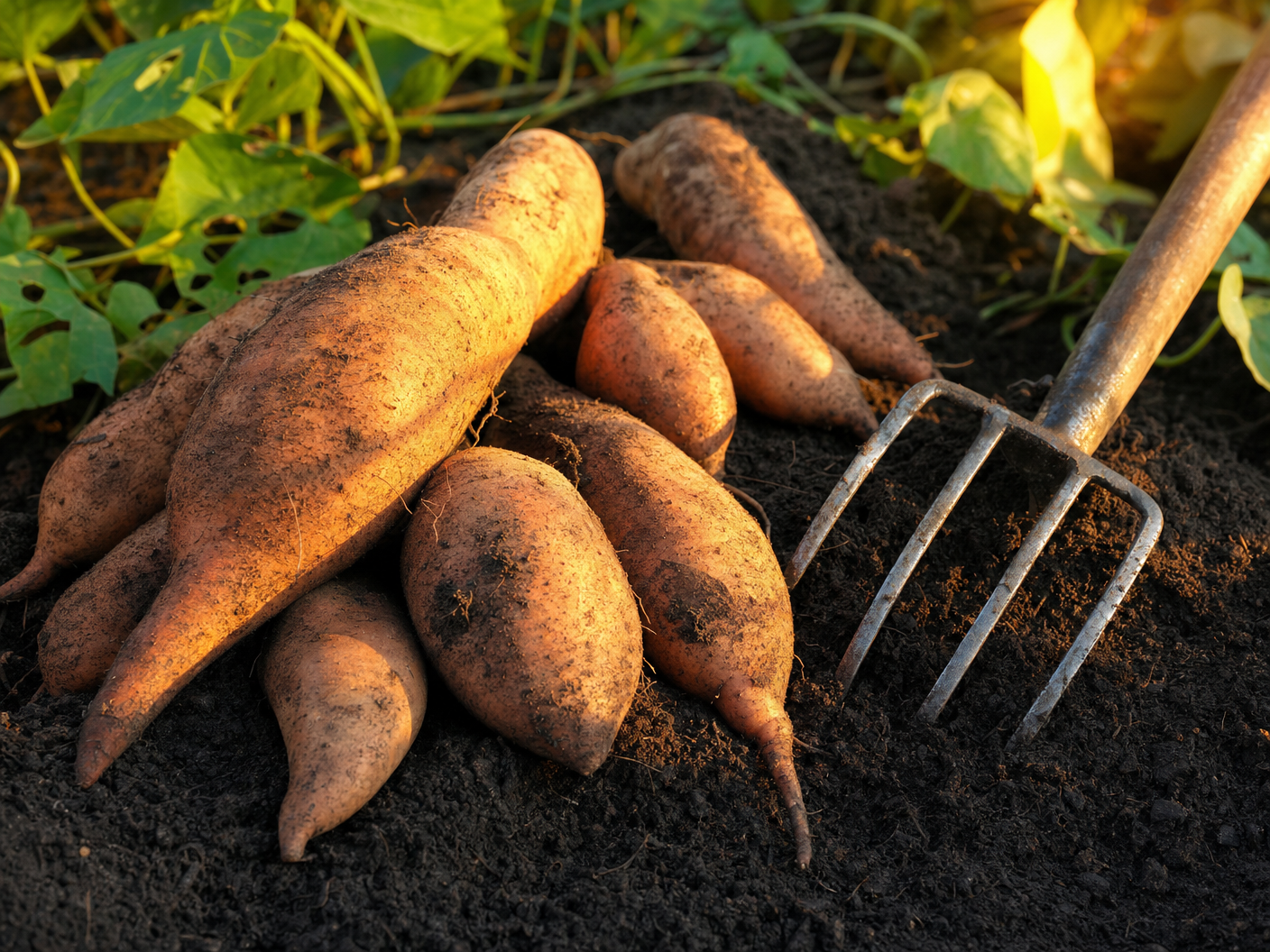 Freshly harvested sweet potatoes from the garden
