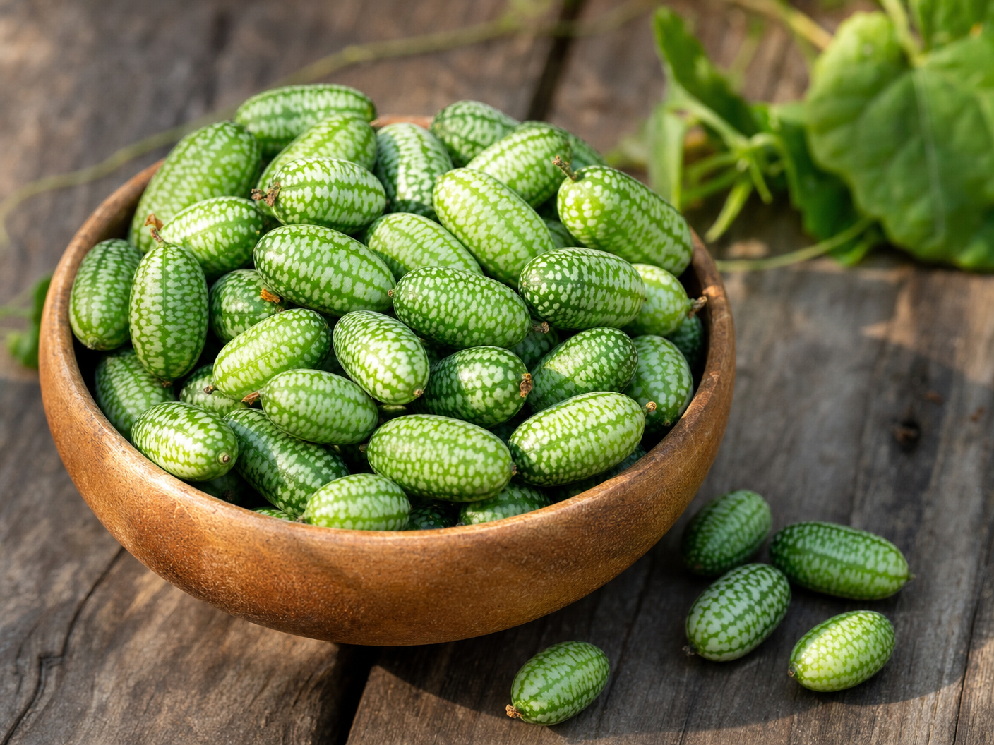 A wooden bowl overflowing with freshly harvested cucamelons