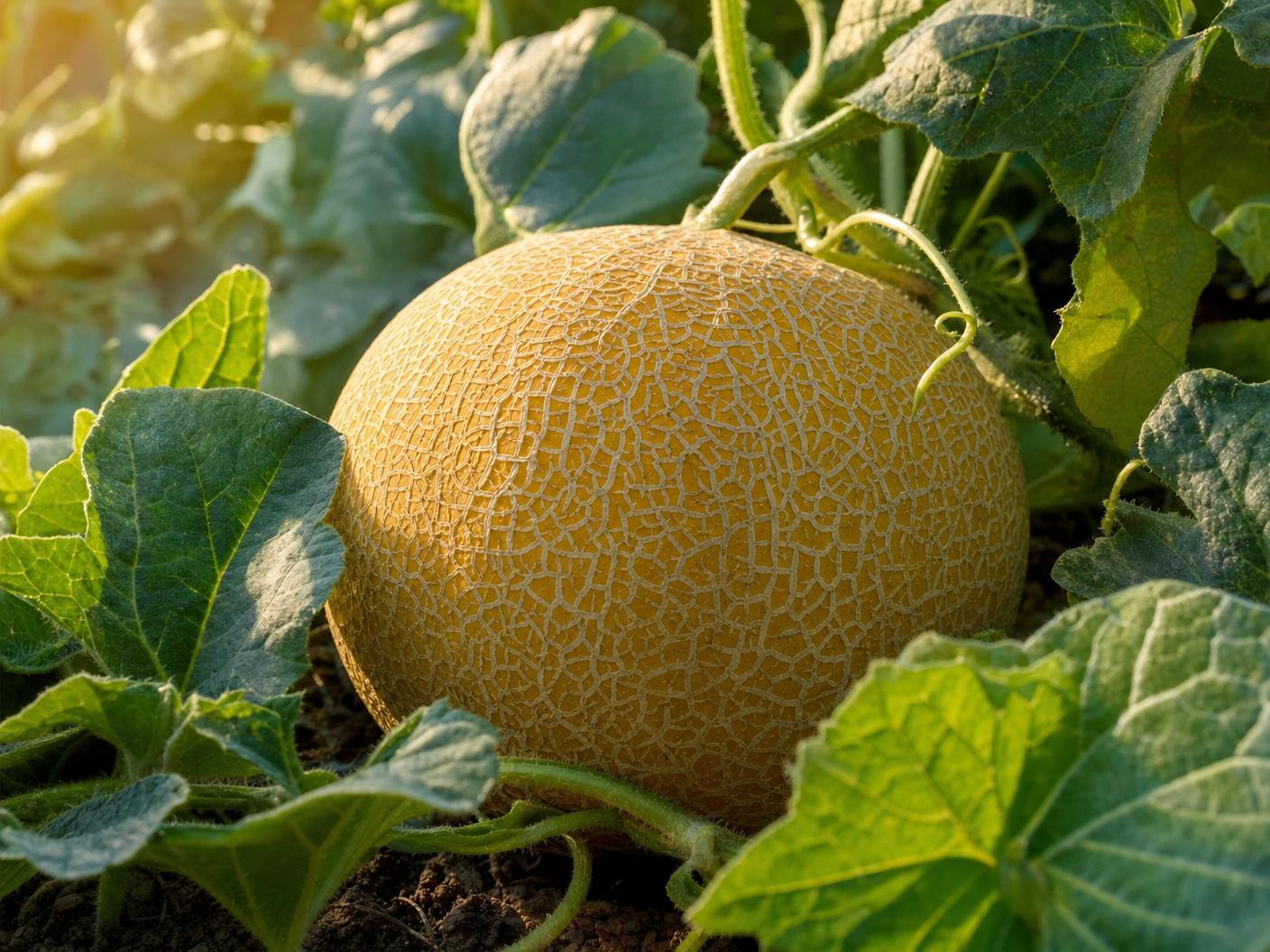 A ripe cantaloupe nestled among green vines in a garden bed