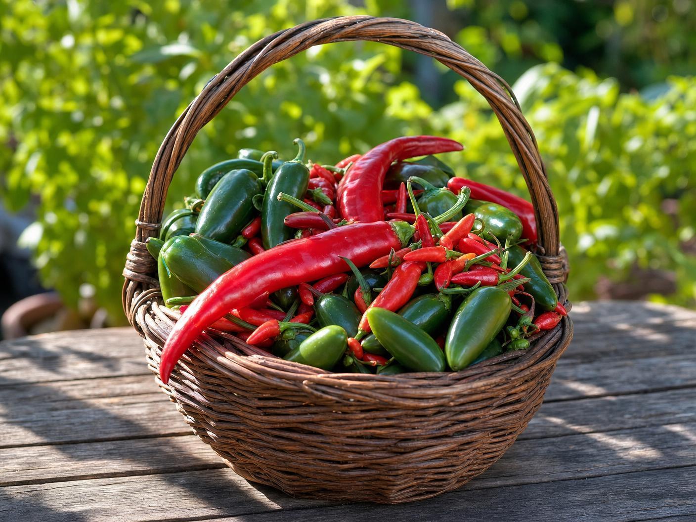 A wicker basket overflowing with freshly harvested jalapeños, cayennes, and Thai chili peppers