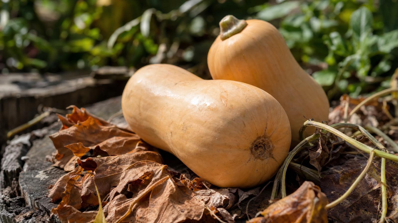 Freshly harvested butternut squash resting on a weathered wooden surface