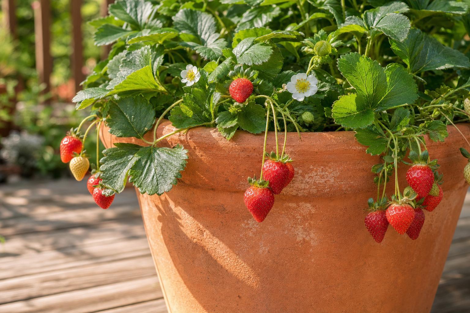 Strawberries growing in a terracotta container pot on a sunny deck