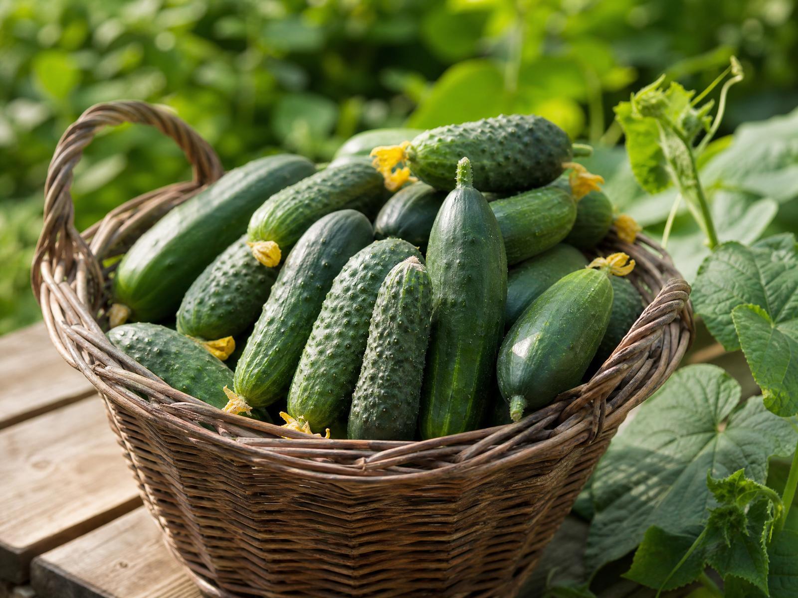 Freshly harvested cucumbers in a basket