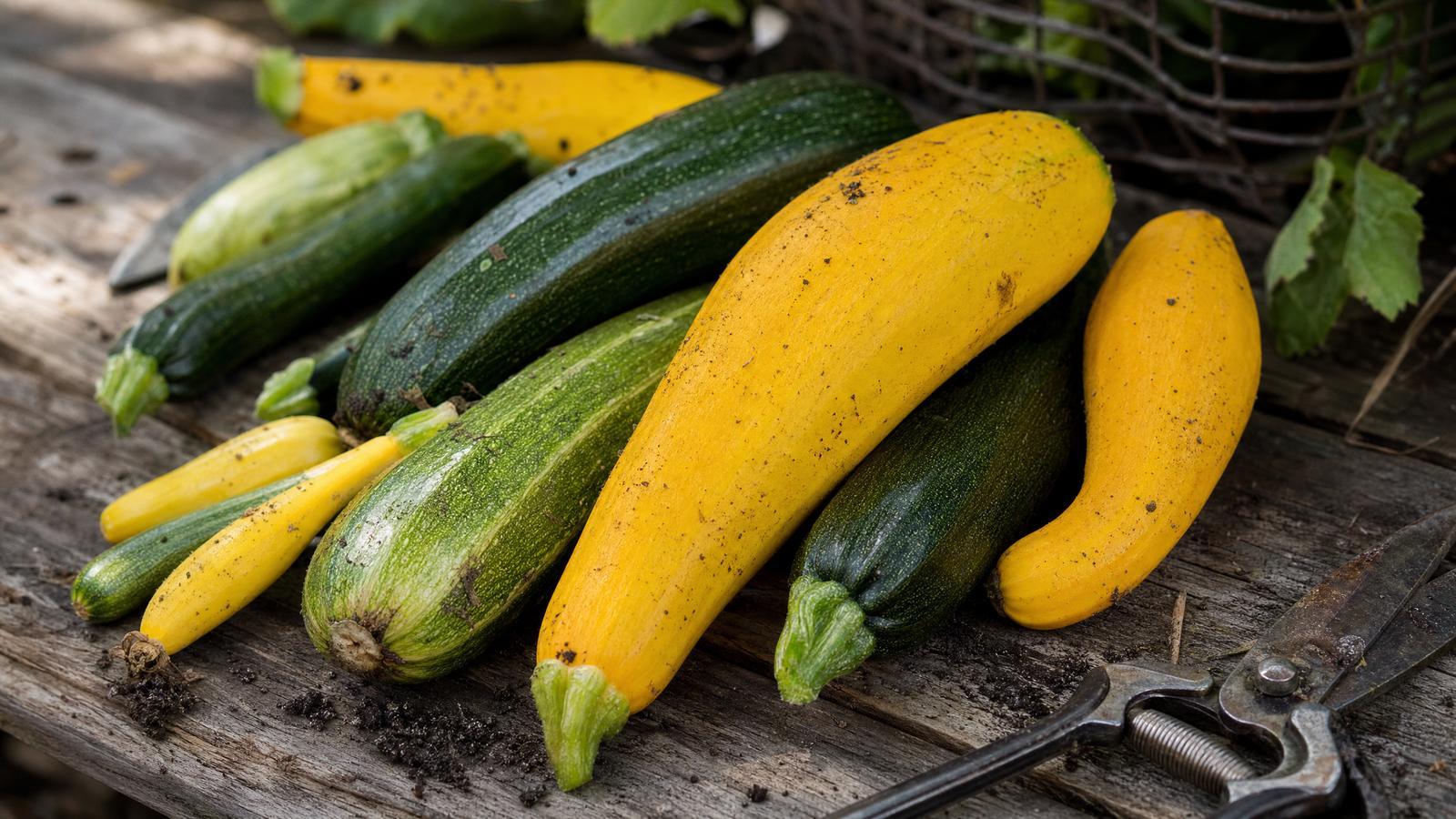 Freshly harvested summer squash and zucchini