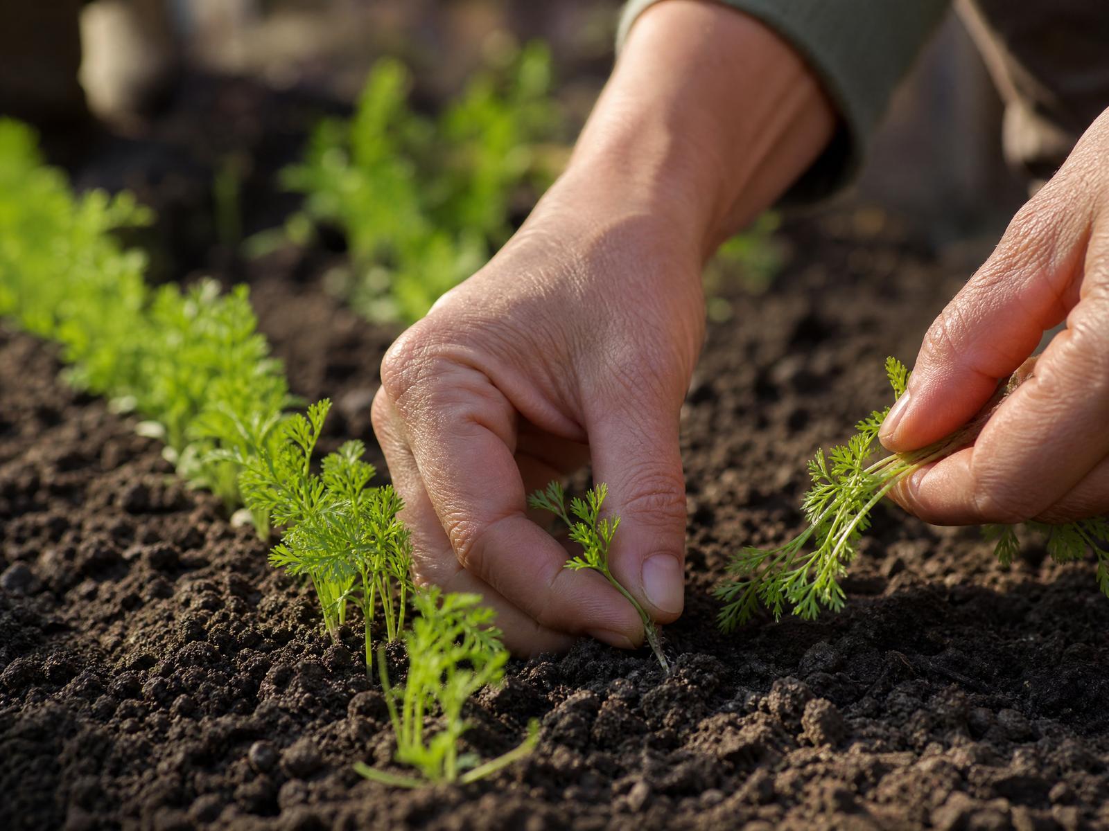 Thinning young carrot seedlings in the garden bed