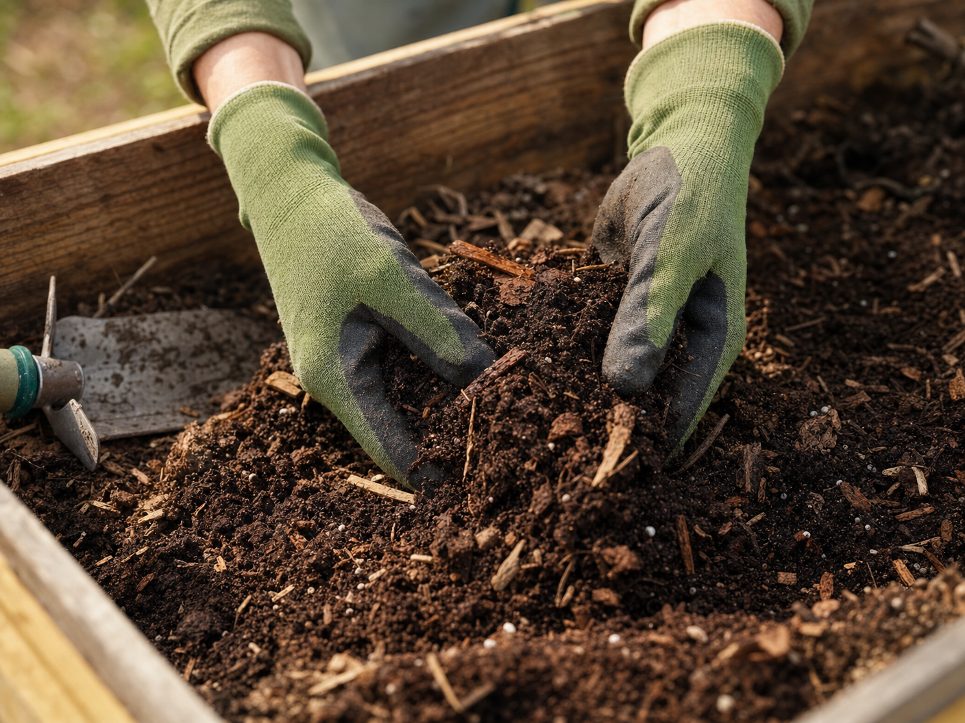 Mixing compost into raised bed soil